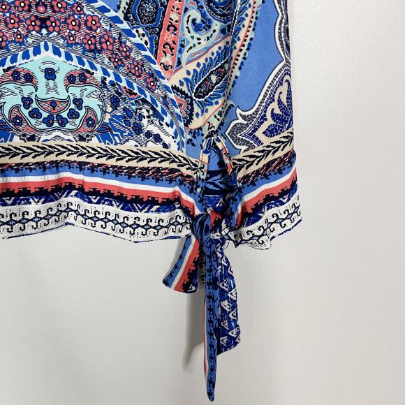 Roz & Ali Womens Medium M Blue White Paisley Printed Scoop Neck Tie Waist Blouse - Picture 4 of 9